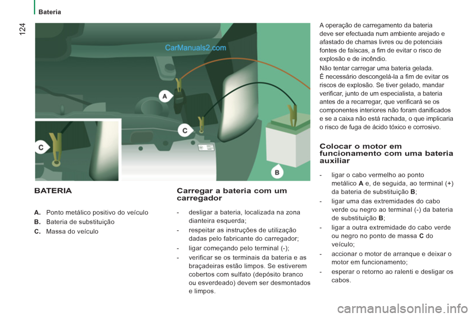 Peugeot Boxer 2012 Manual do proprietário (in Portuguese) 124
Bateria
A.
Ponto metálico positivo do veículo
B.
Bateria de substituição
C.
Massa do veículo
Carregar a bateria com um carregador
- desligar Peugeot Boxer 2012 Manual do proprietário (in Portuguese) 124
Bateria
A.
Ponto metálico positivo do veículo
B.
Bateria de substituição
C.
Massa do veículo
Carregar a bateria com um carregador
- desligar