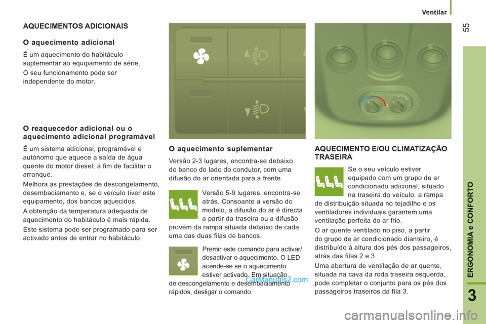 Peugeot Boxer 2012 Manual do proprietário (in Portuguese) Ventilar
55
3
ERGONOMI
A e CONFORTO
AQUECIMENTOS ADICIONAIS
O aquecimento suplementa
r
Versão 2-3 lugares, encontra-se debaixo
do banco do lado do condutor, com uma
difusão do ar orientada Peugeot Boxer 2012 Manual do proprietário (in Portuguese) Ventilar
55
3
ERGONOMI
A e CONFORTO
AQUECIMENTOS ADICIONAIS
O aquecimento suplementa
r
Versão 2-3 lugares, encontra-se debaixo
do banco do lado do condutor, com uma
difusão do ar orientada