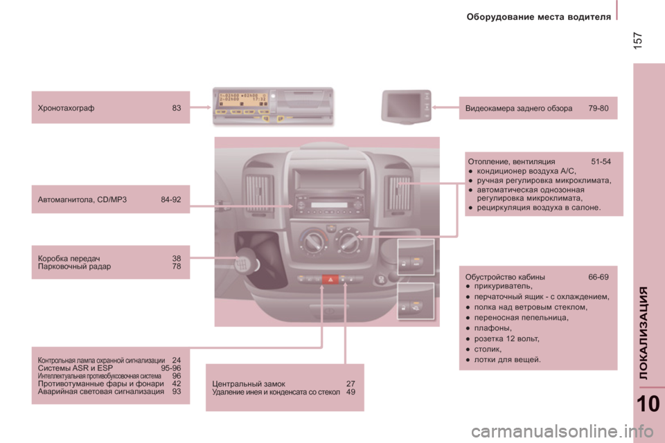 Peugeot Boxer 2012  Инструкция по эксплуатации (in Russian) 157
Оборудование места водителя
10
ЛОКАЛИЗА
ЦИЯ
 
Центральный замок 27  
Удаление инея и конденсата со стекол 49    