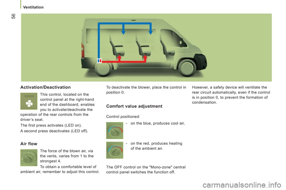 Peugeot Boxer 2011.5  Owners Manual - RHD (UK, Australia) 56
   
 Ventilation 
 
 
Activation/Deactivation 
 
This control, located on the 
control panel at the right-hand 
end of the dashboard, enables 
you to activate/deactivate the 
operation of the rear 
