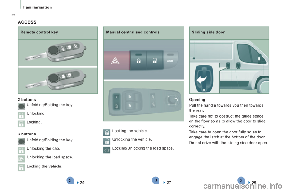Peugeot Boxer 2011.5  Owners Manual - RHD (UK, Australia) 222
6
Familiarisation
   
Sliding side door 
   
Opening  
  Pull the handle towards you then towards 
the rear. 
  Take care not to obstruct the guide space 
on the floor so as to allow the door to s