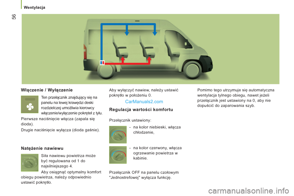 Peugeot Boxer 2011.5  Instrukcja Obsługi (in Polish) 56
   
 
Wentylacja 
 
 
Włączenie / Wyłączenie
 
 
Ten przełącznik znajdujący się na 
panelu na lewej krawędzi deski 
rozdzielczej umożliwia kierowcy 
włączenie/wyłączenie pokręteł z 