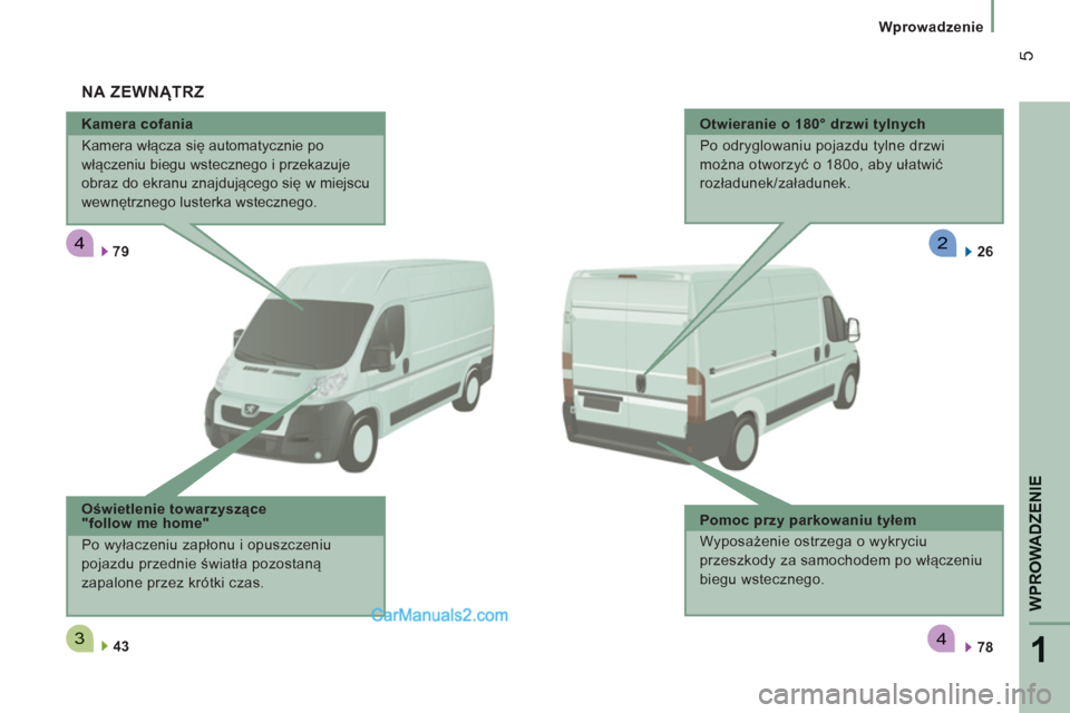 Peugeot Boxer 2011.5  Instrukcja Obsługi (in Polish) 4
34
2
1
WPROWADZENIE
5
   
 
Wprowadzenie
   
Kamera cofania 
  Kamera włącza się automatycznie po 
włączeniu biegu wstecznego i przekazuje 
obraz do ekranu znajdującego się w miejscu 
wewnęt
