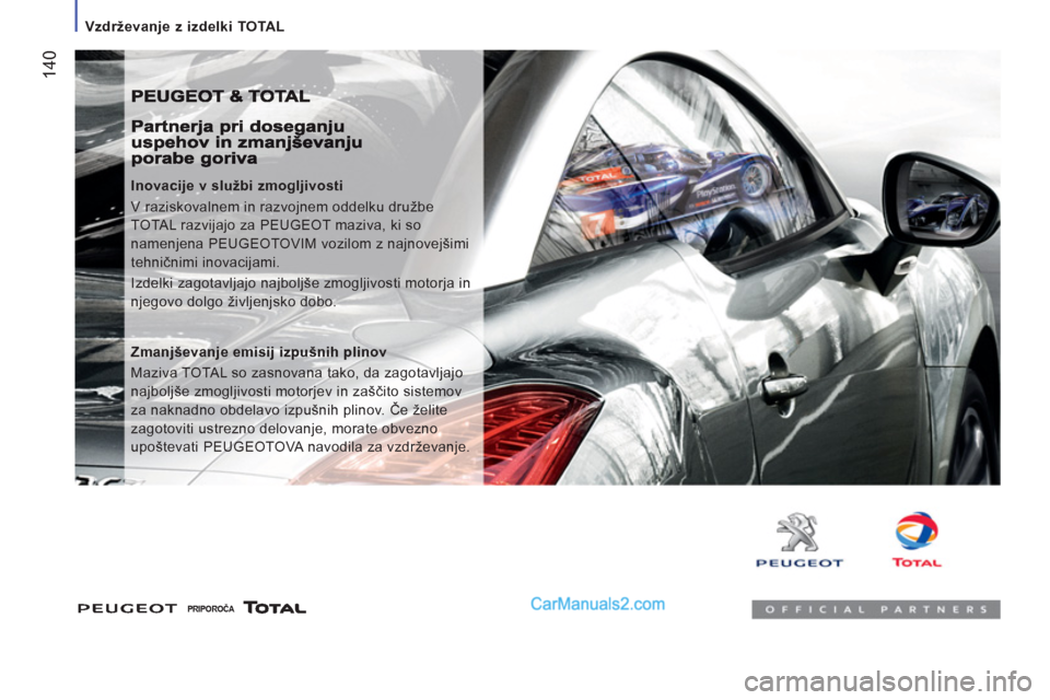 Peugeot Boxer 2011.5  Priročnik za lastnika (in Slovenian) 14
0
   
 Vzdrževanje z izdelki TOTAL  
 
 
 
Inovacije v službi zmogljivosti 
  V raziskovalnem in razvojnem oddelku družbe 
TOTAL razvijajo za PEUGEOT maziva, ki so 
namenjena PEUGEOTOVIM vozilom