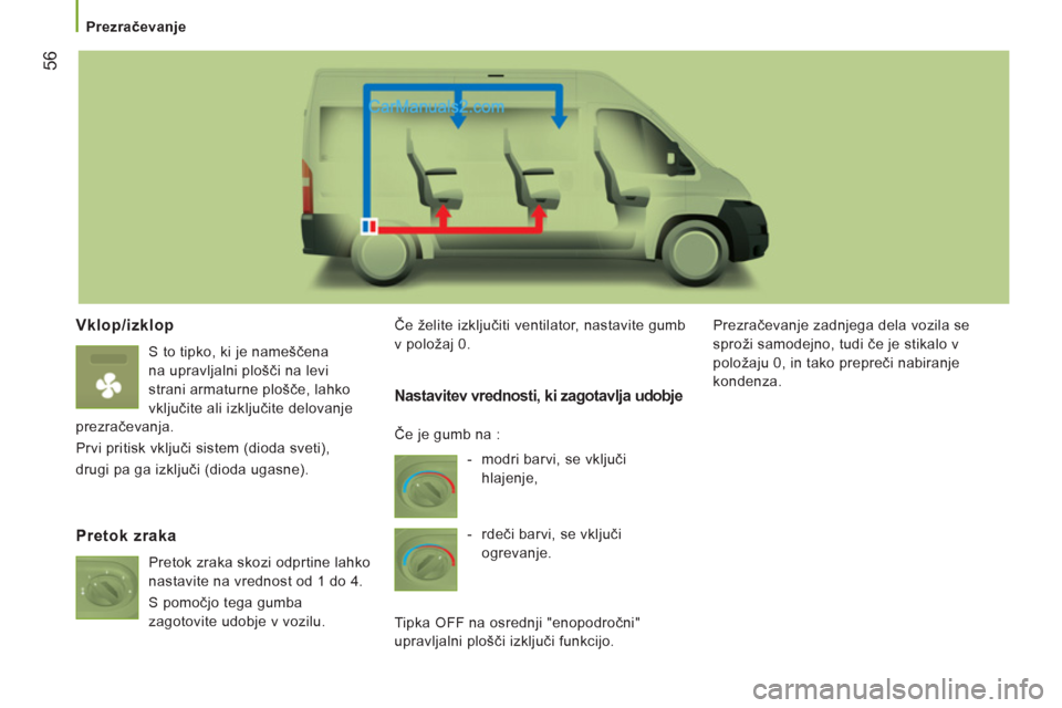 Peugeot Boxer 2011.5  Priročnik za lastnika (in Slovenian) 56
   
 
Prezračevanje  
 
 
 Vklop/izklop
 
S to tipko, ki je nameščena 
na upravljalni plošči na levi 
strani armaturne plošče, lahko 
vključite ali izključite delovanje 
prezračevanja. 
 