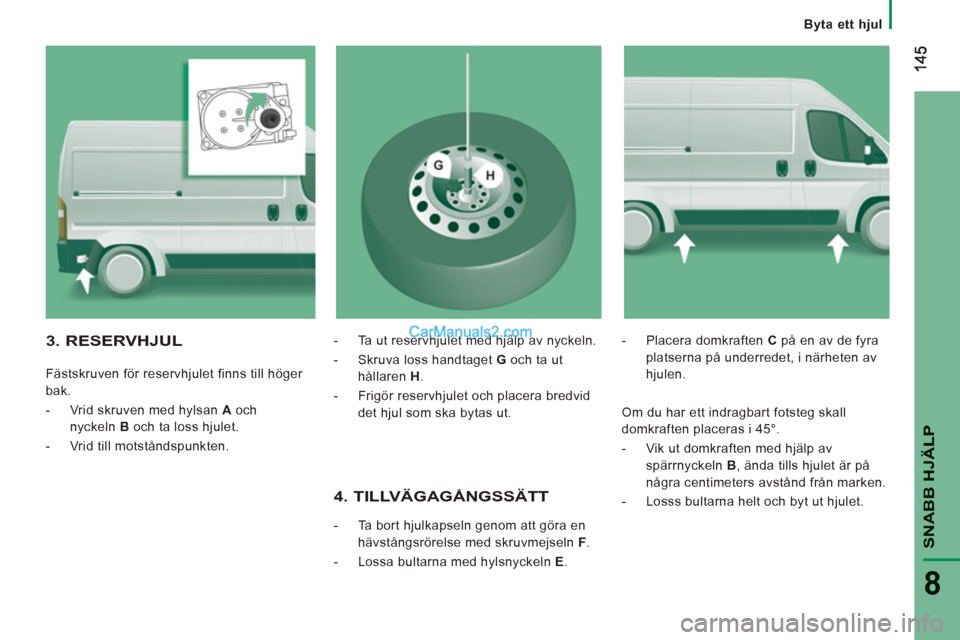 Peugeot Boxer 2011.5  Ägarmanual (in Swedish) 8
Byta ett hjul
SNABB HJÄLP
   
4. TILLVÄGAGÅNGSSÄTT
 
 
 
-   Ta bort hjulkapseln genom att göra en 
hävstångsrörelse med skruvmejseln  F 
. 
   
-   Lossa bultarna med hylsnyckeln  E 
.    
