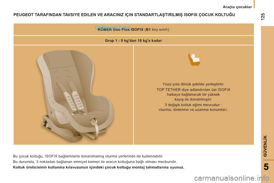Peugeot Boxer 2011.5  Kullanım Kılavuzu (in Turkish) GÜVENLİK
 
 
 
Araçta çocuklar  
 
PEUGEOT TARAFINDAN TAVSIYE EDILEN VE ARACINIZ IÇIN STANDARTLAŞTIRILMIŞ ISOFIX 