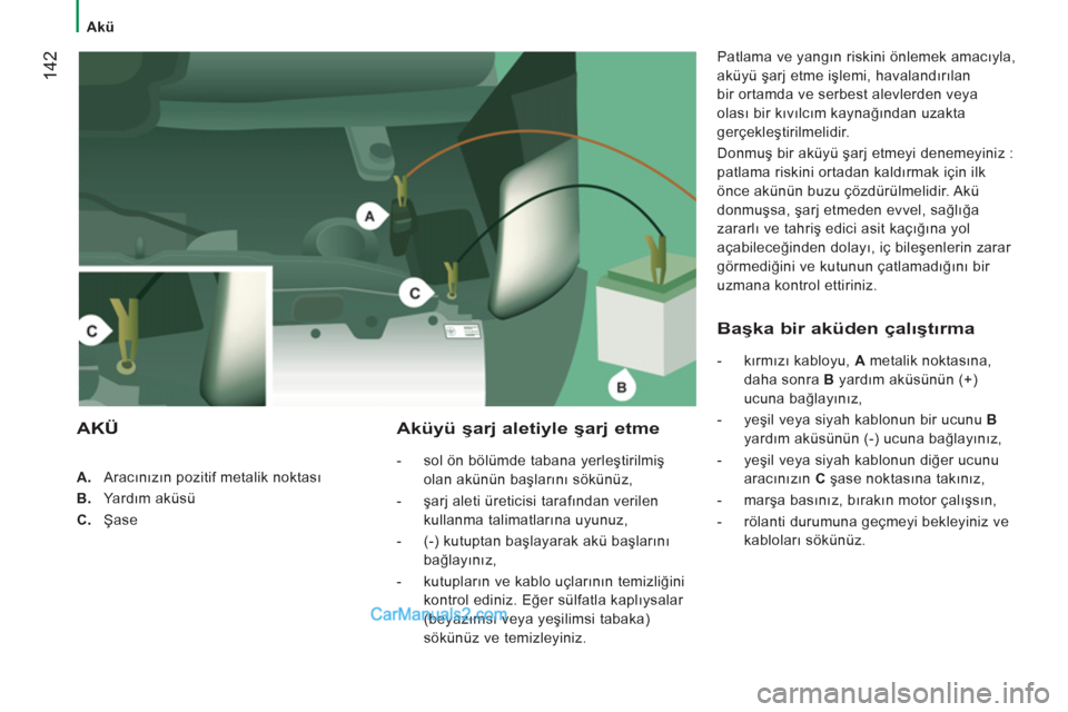 Peugeot Boxer 2011.5  Kullanım Kılavuzu (in Turkish) 142
   
 
Akü 
   
 
 
A. 
 Aracınızın pozitif metalik noktası 
   
B. 
 Yardım aküsü 
   
C. 
 Şase  
 
Aküyü şarj aletiyle şarj etme
 
 
 
-   sol ön bölümde tabana yerleştirilmiş 