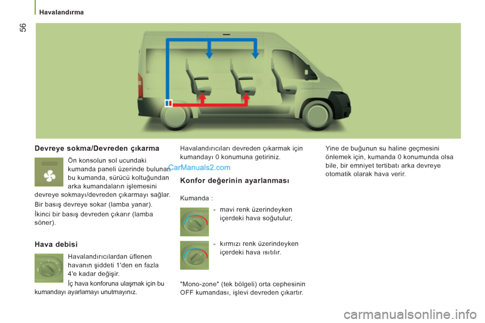 Peugeot Boxer 2011.5  Kullanım Kılavuzu (in Turkish) 56
   
 
Havalandırma  
 
 
 
Devreye sokma/Devreden çıkarma
 
Ön konsolun sol ucundaki 
kumanda paneli üzerinde bulunan 
bu kumanda, sürücü koltuğundan 
arka kumandaların işlemesini 
devre