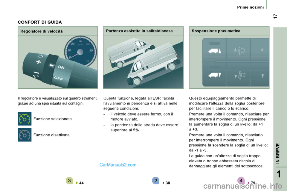 Peugeot Boxer 2010  Manuale del proprietario (in Italian) 4321
IN BREVE
 17
   Prime  nozioni   
  Regolatore di velocità 
 Il regolatore è visualizzato sul quadro strumenti  
grazie ad una spia situata sul contagiri. 
  
44       Partenza assistita in sal