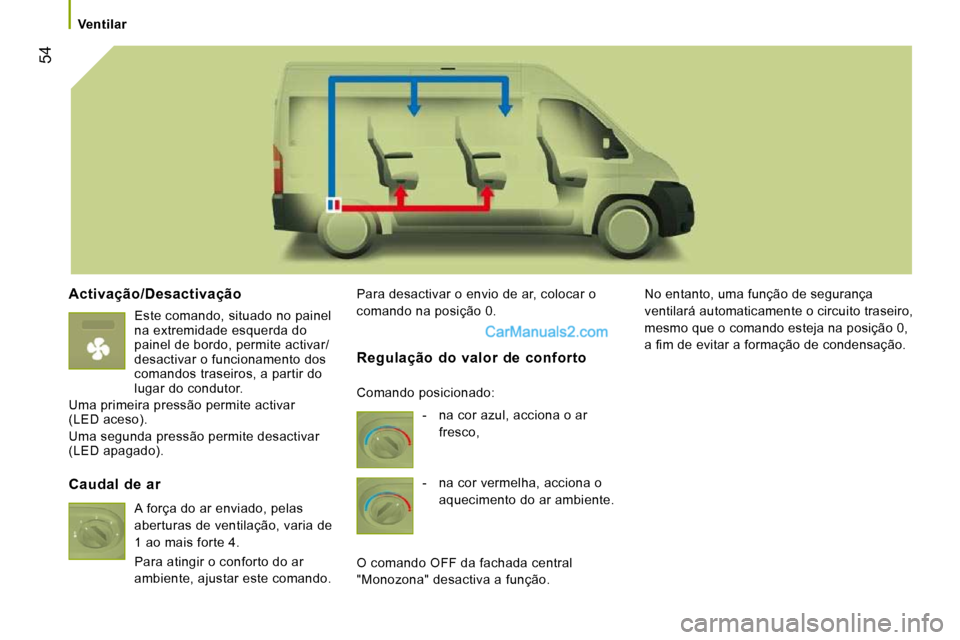 Peugeot Boxer 2010  Manual do proprietário (in Portuguese) 54
   Ventilar   
  Activação/Desactivação 
  Este comando, situado no painel  
na extremidade esquerda do 
painel de bordo, permite activar/
desactivar o funcionamento dos 
comandos traseiros, a 