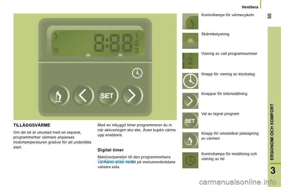 Peugeot Boxer 2010  Ägarmanual (in Swedish) 3
ERGONOMI OCH KOMFORT
   Ventilera   
 TILLÄGGSVÄRME 
 Om din bil är utrustad med en separat,  
programmerbar värmare anpassas 
motortemperaturen gradvis för att underlätta 
start.  Med en inby