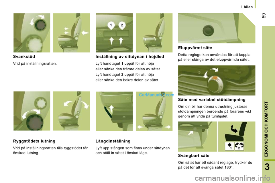 Peugeot Boxer 2010  Ägarmanual (in Swedish) 59
3
ERGONOMI OCH KOMFORT
   I  bilen   
  Svankstöd 
 Vrid på inställningsratten.  
  Inställning  av  sittdynan  i  höjdled 
 Lyft handtaget  1  uppåt för att höja    
eller sänka den främ