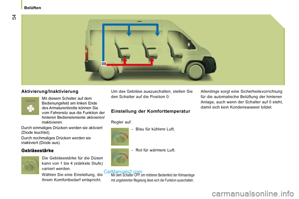 Peugeot Boxer 2008.5  Betriebsanleitung (in German) 54
   Belüften   
  Aktivierung/Inaktivierung 
  Mit diesem Schalter auf dem  
Bedienungsfeld am linken Ende 
des Armaturenbretts können Sie 
vom Fahrersitz aus die Funktion der 
hinteren Bedienelem