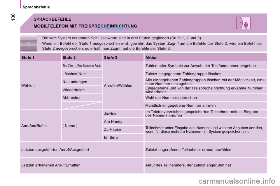 Peugeot Boxer 2008.5  Betriebsanleitung (in German)  100
      Sprachbefehle Die vom System erkannten Schlüsselworte sind in dr ei Stufen gegliedert (Stufe 1, 2 und 3). 
 Wenn ein Befehl der Stufe 1 ausgesprochen wird, ge währt das System Zugriff auf