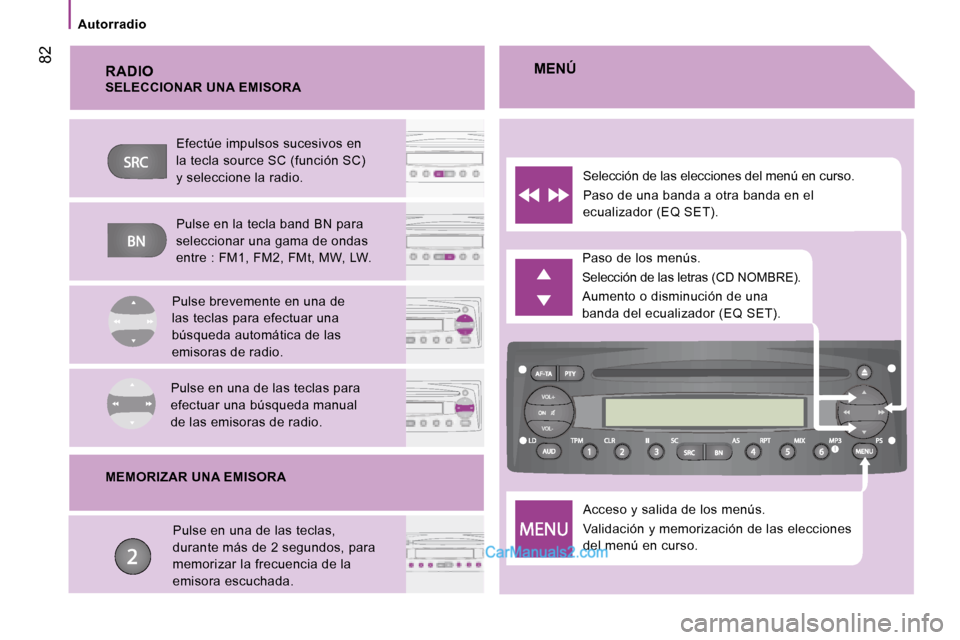Peugeot Boxer 2008  Manual del propietario (in Spanish)  82
Autorradio
RADIOAcceso y salida de los menús. 
Validación y memorización de las elecciones  
del menú en curso.
Paso de los menús. 
Selección de las letras (CD NOMBRE).
Aumento o disminució