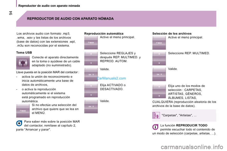Peugeot Boxer 2008  Manual del propietario (in Spanish)  94
Reproductor de audio con aparato nómada
Los archivos audio con formato .mp3,  
.wma, .wav y las listas de los archivos 
(base de datos) con las extensiones .wpl, 
.m3u son reconocidas por el sist