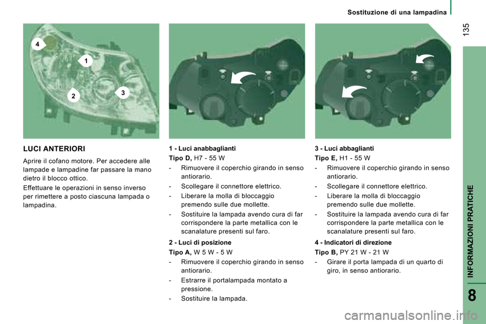 Peugeot Boxer 2008 Manuale del proprietario (in Italian) 4
2
1
3
135
INFORMAZIONI PRATICHE
8
Sostituzione di una lampadina
LUCI ANTERIORI
Aprire il cofano motore. Per accedere alle
lampade e lampadine far passare la mano
dietro il blocco ottico.
Ef Peugeot Boxer 2008 Manuale del proprietario (in Italian) 4
2
1
3
135
INFORMAZIONI PRATICHE
8
Sostituzione di una lampadina
LUCI ANTERIORI
Aprire il cofano motore. Per accedere alle
lampade e lampadine far passare la mano
dietro il blocco ottico.
Ef