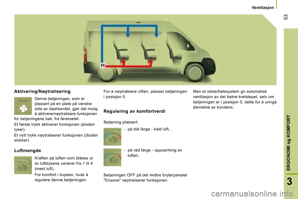 Peugeot Boxer 2008  Brukerhåndbok (in Norwegian)  53
3
ERGONOMI og KOMFORT
Ventilasjon
Aktivering/Nøytralisering
Denne betjeningen, som er  
plassert på en plate på venstre 
side av dashbordet, gjør det mulig 
å aktivere/nøytralisere funksjone
