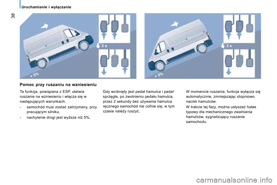 Peugeot Boxer 2008  Instrukcja Obsługi (in Polish) + 5%+ 5%
2 s2 s
 �3�8
�U�r�u�c�h�a�m�i�a�n�i�e�  �i�  �w�y�ł"�c�z�a�n�i�e
Pomoc  przy  ruszaniu  na  wzniesieniu 
�T�a� �f�u�n�k�c�j�a�,� �p�o�w�i"�z�a�n�a� �z� �E�S�P�,� �u�ł�a�t�w�i�a�  
�r�u�s�