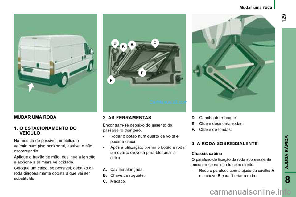 Peugeot Boxer 2008  Manual do proprietário (in Portuguese) BA
E
CD
F
 129
AJUDA RÁPIDA
8
Mudar  uma  roda
1.   O  ESTACIONAMENTO  DO  VEÍCULO
Na medida do possível, imobilize o  
veículo num piso horizontal, estável e não 
escorregadio. 
Aplique o trav