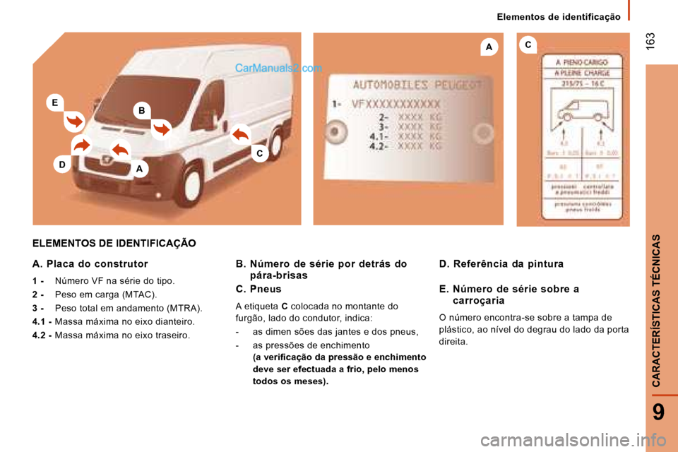 Peugeot Boxer 2008  Manual do proprietário (in Portuguese) B
A
CA
C
E
D
 163
9
CARACTERÍSTICAS TÉCNICAS
Elementos  de  identificação
ELEMENTOS DE IDENTIFICAÇÃO
A.  Placa  do  construtor 
1 -  Número VF na série do tipo.
2 -   Peso em carga (MTAC).
3 -
