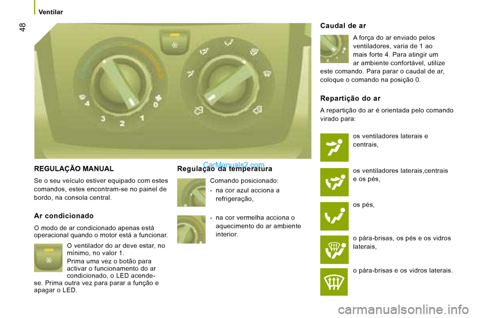 Peugeot Boxer 2008  Manual do proprietário (in Portuguese)  48
REGULAÇÃO MANUAL
Se o seu veículo estiver equipado com estes  
comandos, estes encontram-se no painel de 
bordo, na consola central.  Regulação  da  temperatura
Comando posicionado: 
-  na co
