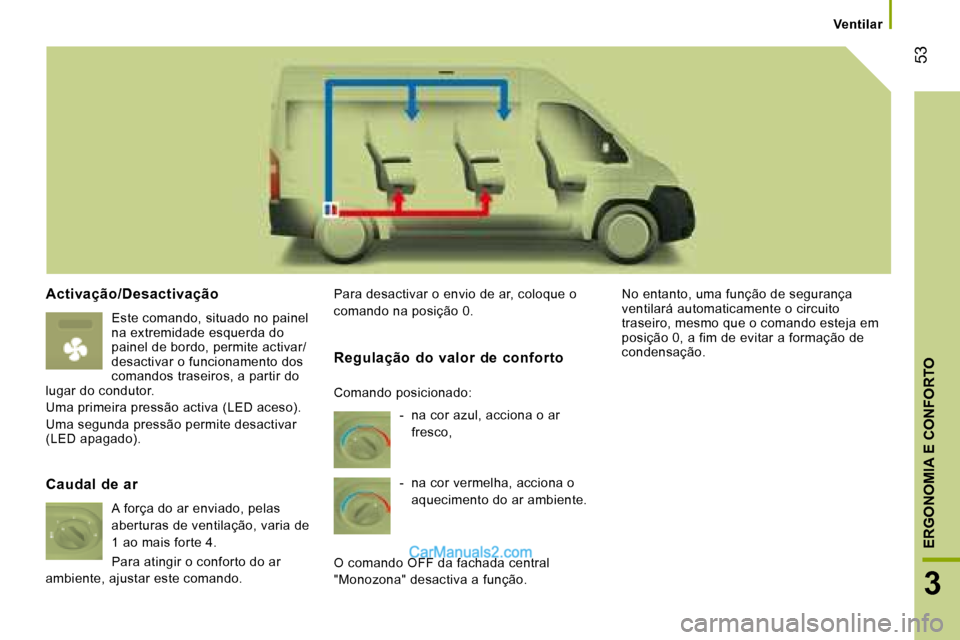 Peugeot Boxer 2008  Manual do proprietário (in Portuguese)  53
3
ERGONOMIA E CONFORTO
Ventilar
Activação/Desactivação
Este comando, situado no painel  
na extremidade esquerda do 
painel de bordo, permite activar/
desactivar o funcionamento dos 
comandos 