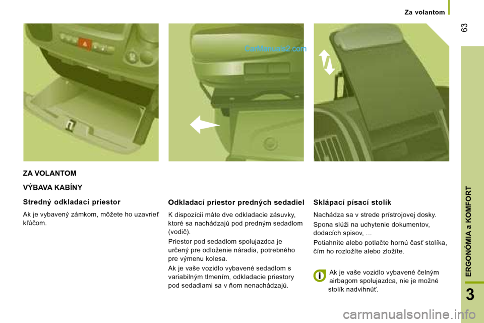 Peugeot Boxer 2008  Užívateľská príručka (in Slovak)  �6�3
3
ERGONÓMIA a KOMFORT
Za  volantom
VÝBAVA KABÍNY
�O�d�k�l�a�d�a�c�í� �p�r�i�e�s�t�o�r� �p�r�e�d�n�ý�c�h� �s�e�d�a�d�i�e�l 
�K� �d�i�s�p�o�z�í�c�i�i� �m�á�t�e� �d�v�e� �o�d�k�l�a�d�a�c�i�e