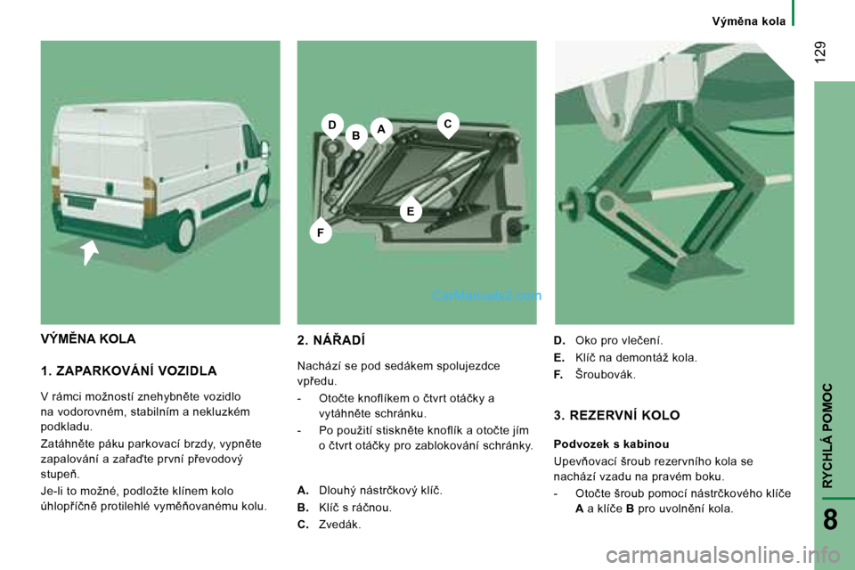 Peugeot Boxer 2008  Návod k obsluze (in Czech) BA
E
CD
F
 129
RYCHLÁ POMOC
8
�V�ý�m)�n�a�  �k�o�l�a
�1�.�  �Z�A�P�A�R�K�O�V�Á�N�Í�  �V�O�Z�I�D�L�A 
�V� �r�á�m�c�i� �m�o�ž�n�o�s�t�í� �z�n�e�h�y�b�n)�t�e� �v�o�z�i�d�l�o�  
�n�a� �v�o�d�o�r�