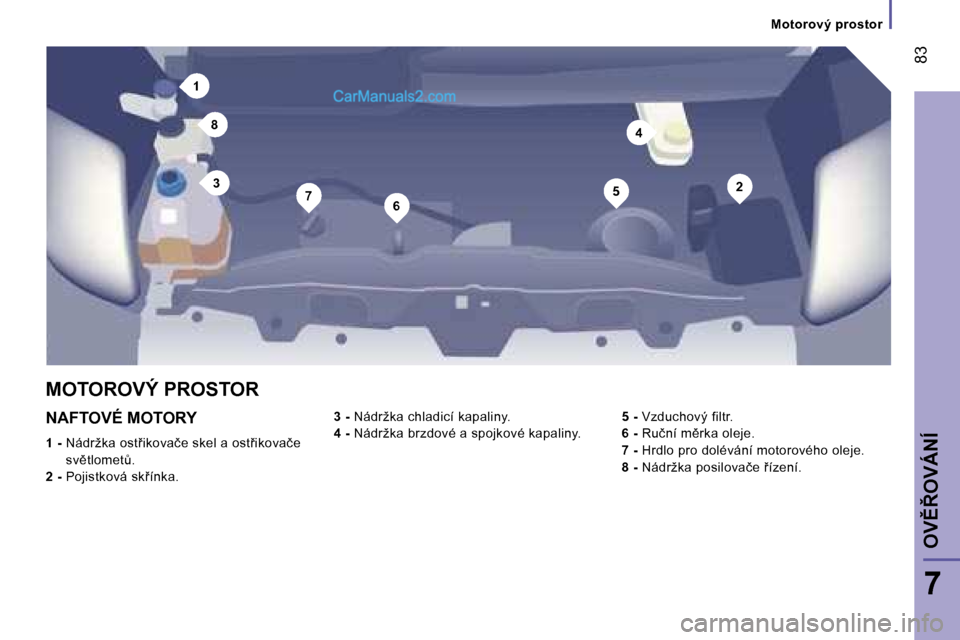 Peugeot Boxer 2006  Návod k obsluze (in Czech) �1
�2�3
�4
�5�6�7
�8
� �8�3
�7
�M�o�t�o�r�o�v�ý� �p�r�o�s�t�o�r
�N�A�F�T�O�V�É� �M�O�T�O�R�Y
�1� �-� � �N�á�d�r�ž�k�a� �o�s�t9�i�k�o�v�a�č�e� �s�k�e�l� �a� �o�s�t9�i�k�o�v�a�č�e� 
�s�v)�t�l�o