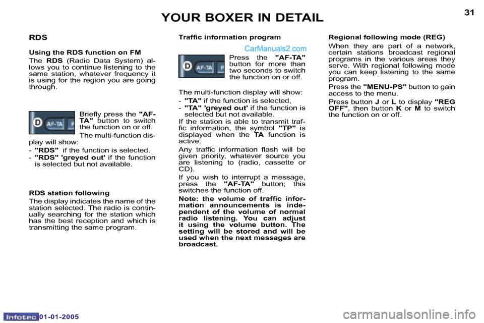 Peugeot Boxer 2005  Owners Manual �3�0
�0�1�-�0�1�-�2�0�0�5
�3�1
�0�1�-�0�1�-�2�0�0�5
�R�D�S
�U�s�i�n�g� �t�h�e� �R�D�S� �f�u�n�c�t�i�o�n� �o�n� �F�M 
�T�h�e� �R�D�S�  �(�R�a�d�i�o�  �D�a�t�a�  �S�y�s�t�e�m�)�  �a�l�-
�l�o�w�s�  �y�o�