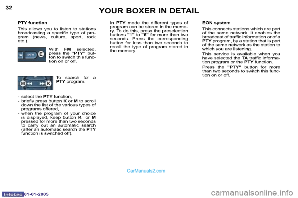 Peugeot Boxer 2005  Owners Manual �3�2
�0�1�-�0�1�-�2�0�0�5
�3�3
�0�1�-�0�1�-�2�0�0�5
�P�T�Y� �f�u�n�c�t�i�o�n 
�T�h�i�s�  �a�l�l�o�w�s�  �y�o�u�  �t�o�  �l�i�s�t�e�n�  �t�o�  �s�t�a�t�i�o�n�s�  
�b�r�o�a�d�c�a�s�t�i�n�g�  �a�  �s�p�e