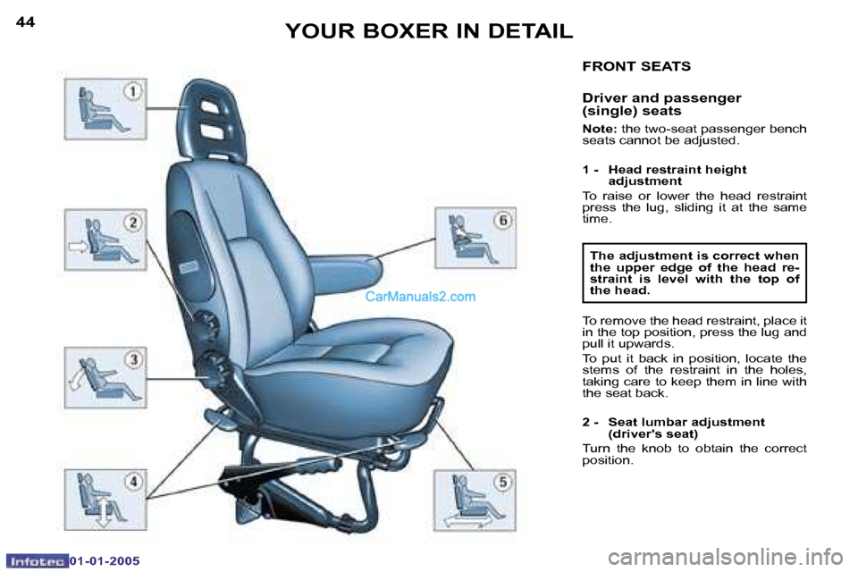 Peugeot Boxer 2005  Owners Manual �4�4
�0�1�-�0�1�-�2�0�0�5
�4�5
�0�1�-�0�1�-�2�0�0�5
�F�R�O�N�T� �S�E�A�T�S
�D�r�i�v�e�r� �a�n�d� �p�a�s�s�e�n�g�e�r�  
�(�s�i�n�g�l�e�)� �s�e�a�t�s
�N�o�t�e�:� �t�h�e� �t�w�o�-�s�e�a�t� �p�a�s�s�e�n�g