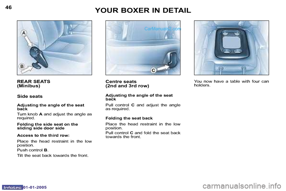 Peugeot Boxer 2005  Owners Manual �4�6
�0�1�-�0�1�-�2�0�0�5
�4�7
�0�1�-�0�1�-�2�0�0�5
�R�E�A�R� �S�E�A�T�S�  
�(�M�i�n�i�b�u�s�)
�S�i�d�e� �s�e�a�t�s
�A�d�j�u�s�t�i�n�g� �t�h�e� �a�n�g�l�e� �o�f� �t�h�e� �s�e�a�t�  
�b�a�c�k 
�T�u�r�n