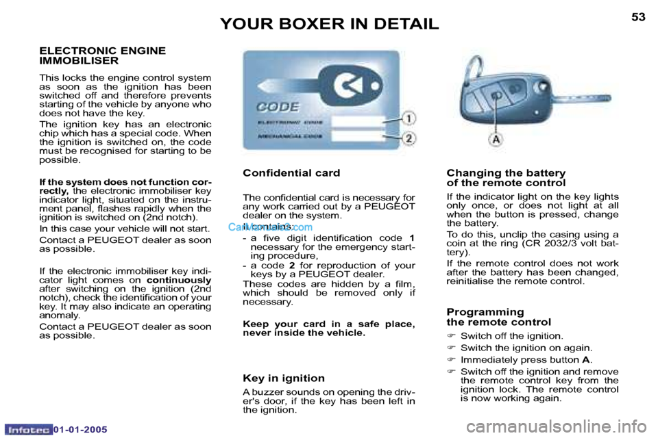 Peugeot Boxer 2005  Owners Manual �5�2
�0�1�-�0�1�-�2�0�0�5
�5�3
�0�1�-�0�1�-�2�0�0�5
�E�L�E�C�T�R�O�N�I�C� �E�N�G�I�N�E�  
�I�M�M�O�B�I�L�I�S�E�R
�T�h�i�s� �l�o�c�k�s� �t�h�e� �e�n�g�i�n�e� �c�o�n�t�r�o�l� �s�y�s�t�e�m�  
�a�s�  �s�o