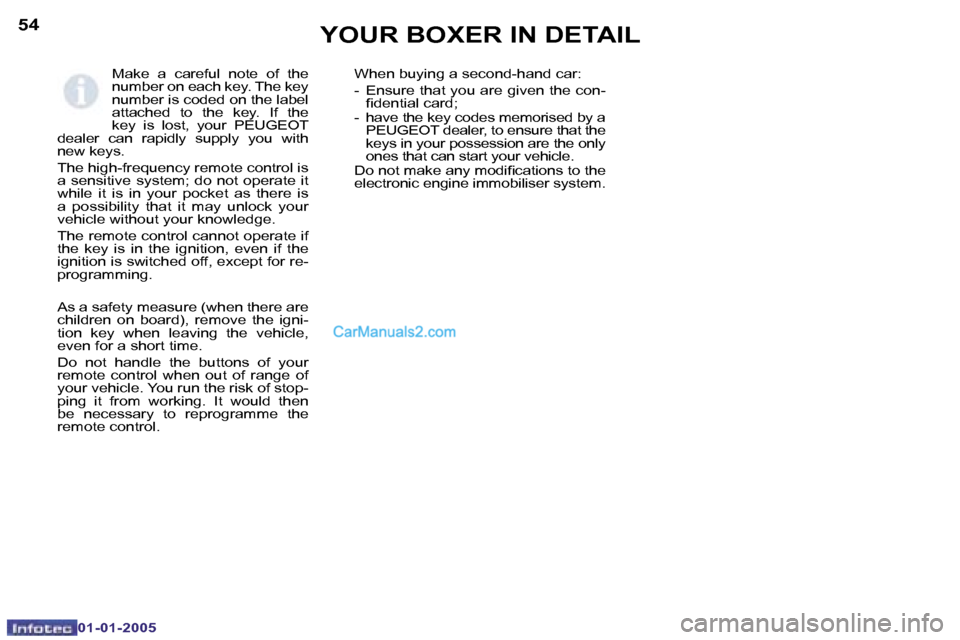 Peugeot Boxer 2005  Owners Manual �5�4
�0�1�-�0�1�-�2�0�0�5
�5�5
�0�1�-�0�1�-�2�0�0�5
�M�a�k�e�  �a�  �c�a�r�e�f�u�l�  �n�o�t�e�  �o�f�  �t�h�e�  
�n�u�m�b�e�r� �o�n� �e�a�c�h� �k�e�y�.� �T�h�e� �k�e�y� 
�n�u�m�b�e�r� �i�s� �c�o�d�e�d