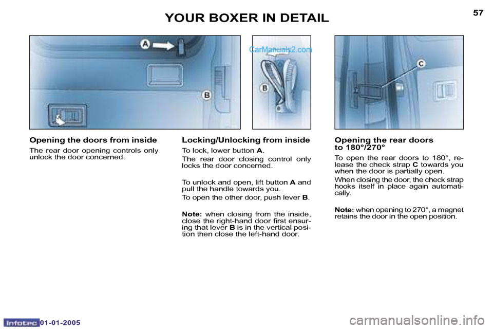 Peugeot Boxer 2005  Owners Manual �5�6
�0�1�-�0�1�-�2�0�0�5
�5�7
�0�1�-�0�1�-�2�0�0�5
�O�p�e�n�i�n�g� �t�h�e� �r�e�a�r� �d�o�o�r�s 
�t�o� �1�8�0�°�/�2�7�0�°
�T�o�  �o�p�e�n�  �t�h�e�  �r�e�a�r�  �d�o�o�r�s�  �t�o�  �1�8�0�°�,�  �r�