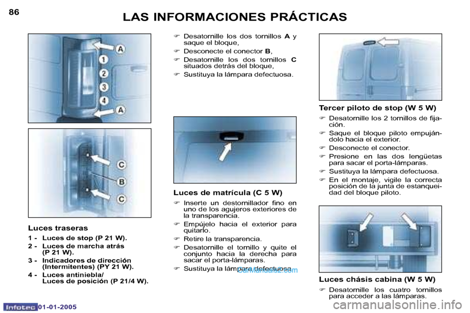 Peugeot Boxer 2005  Manual del propietario (in Spanish) �8�6
�0�1�-�0�1�-�2�0�0�5
�8�7
�0�1�-�0�1�-�2�0�0�5
�T�e�r�c�e�r� �p�i�l�o�t�o� �d�e� �s�t�o�p� �(�W� �5� �W�)
�F�  �D�e�s�a�t�o�r�n�i�l�l�e� �l�o�s� �2� �t�o�r�n�i�l�l�o�s� �d�e� �i�j�a�-
�c�i�ó�n�.