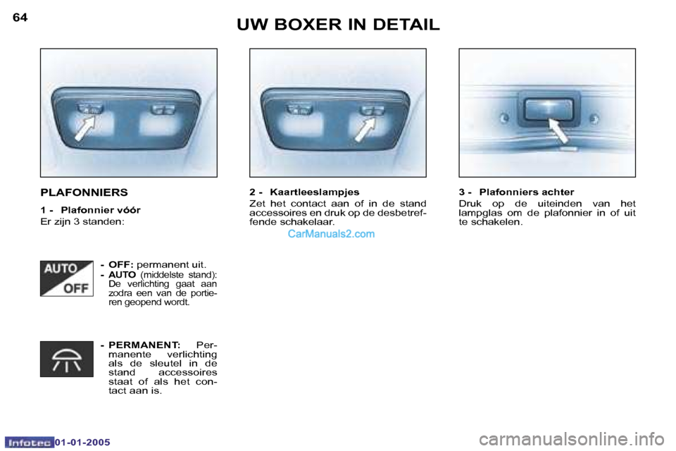 Peugeot Boxer 2005  Handleiding (in Dutch) �6�4
�0�1�-�0�1�-�2�0�0�5
�6�5
�0�1�-�0�1�-�2�0�0�5
�P�L�A�F�O�N�N�I�E�R�S
�1� �-�  �P�l�a�f�o�n�n�i�e�r� �v�ó�ó�r 
�E�r� �z�i�j�n� �3� �s�t�a�n�d�e�n�:�2� �-�  �K�a�a�r�t�l�e�e�s�l�a�m�p�j�e�s
�Z�e