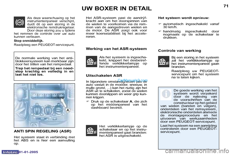 Peugeot Boxer 2005  Handleiding (in Dutch) �7�0
�0�1�-�0�1�-�2�0�0�5
�7�1
�0�1�-�0�1�-�2�0�0�5
�U�i�t�s�c�h�a�k�e�l�e�n� �A�S�R
�I�n� �b�i�j�z�o�n�d�e�r�e� �o�m�s�t�a�n�d�i�g�h�e�d�e�n� �(�a�l�s� �d�e�  
�a�u�t�o�  �v�a�s�t�z�i�t�  �i�n�  �d�e