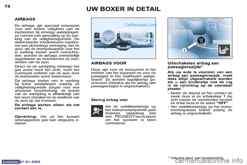 Peugeot Boxer 2005  Handleiding (in Dutch) �7�4
�0�1�-�0�1�-�2�0�0�5
�7�5
�0�1�-�0�1�-�2�0�0�5
�A�I�R�B�A�G�S
�D�e�  �a�i�r�b�a�g�s�  �z�i�j�n�  �s�p�e�c�i�a�a�l�  �o�n�t�w�o�r�p�e�n�  
�v�o�o�r�  �e�e�n�  �b�e�t�e�r�e�  �v�e�i�l�i�g�h�e�i�d� 