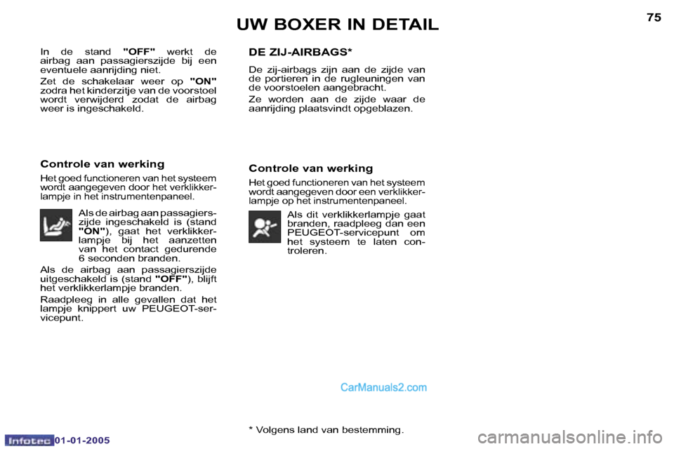 Peugeot Boxer 2005  Handleiding (in Dutch) �7�4
�0�1�-�0�1�-�2�0�0�5
�7�5
�0�1�-�0�1�-�2�0�0�5�*� �V�o�l�g�e�n�s� �l�a�n�d� �v�a�n� �b�e�s�t�e�m�m�i�n�g�.
�I�n�  �d�e�  �s�t�a�n�d� 
�"�O�F�F�"�  �w�e�r�k�t�  �d�e� 
�a�i�r�b�a�g�  �a�a�n�  �p�a