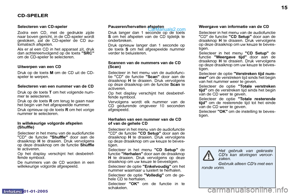 Peugeot Boxer 2005  Handleiding (in Dutch) �1�4
�0�2�-�0�8�-�2�0�0�4
�1�5
�C�D�-�S�P�E�L�E�R
�S�e�l�e�c�t�e�r�e�n� �v�a�n� �C�D�-�s�p�e�l�e�r 
�Z�o�d�r�a�  �e�e�n�  �C�D�,�  �m�e�t�  �d�e�  �g�e�d�r�u�k�t�e�  �z�i�j�d�e�  
�n�a�a�r� �b�o�v�e�n