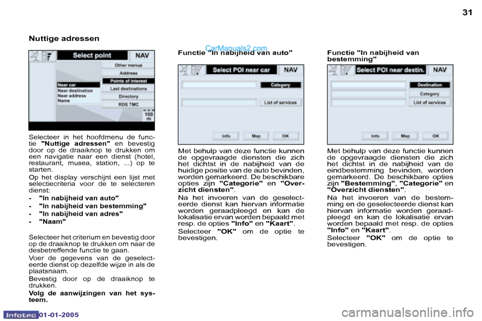 Peugeot Boxer 2005  Handleiding (in Dutch) �3�0
�0�2�-�0�8�-�2�0�0�4
�3�1
�S�e�l�e�c�t�e�e�r�  �i�n�  �h�e�t�  �h�o�o�f�d�m�e�n�u�  �d�e�  �f�u�n�c�- 
�t�i�e� �"�N�u�t�t�i�g�e�  �a�d�r�e�s�s�e�n�" �  �e�n�  �b�e�v�e�s�t�i�g� 
�d�o�o�r�  �o�p� 