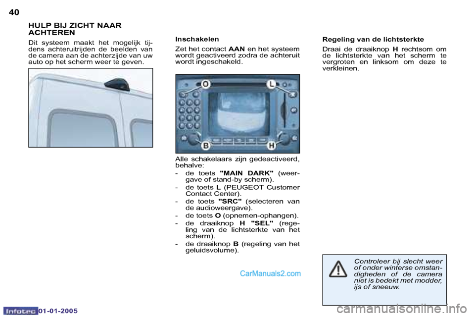 Peugeot Boxer 2005  Handleiding (in Dutch) �4�0
01�-�01�-�2�0�0 5
�H�U�L�P� �B�I�J� �Z�I�C�H�T� �N�A�A�R�  
�A�C�H�T�E�R�E�N
�D�i�t�  �s�y�s�t�e�e�m�  �m�a�a�k�t�  �h�e�t�  �m�o�g�e�l�i�j�k�  �t�i�j�- 
�d�e�n�s�  �a�c�h�t�e�r�u�i�t�r�i�j�d�e�n