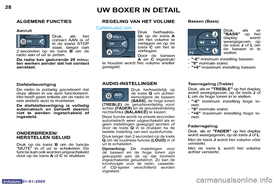 Peugeot Boxer 2005  Handleiding (in Dutch) �2�8
�0�1�-�0�1�-�2�0�0�5
�2�9
�0�1�-�0�1�-�2�0�0�5
�A�L�G�E�M�E�N�E� �F�U�N�C�T�I�E�S
�A�a�n�/�u�i�t
�R�E�G�E�L�I�N�G� �V�A�N� �H�E�T� �V�O�L�U�M�E�B�a�s�s�e�n� �(�B�a�s�s�)
�D�r�u�k�,�  �a�l�s�  �h�