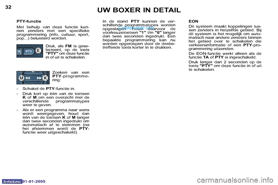 Peugeot Boxer 2005  Handleiding (in Dutch) �3�2
�0�1�-�0�1�-�2�0�0�5
�3�3
�0�1�-�0�1�-�2�0�0�5
�P�T�Y�-�f�u�n�c�t�i�e 
�M�e�t�  �b�e�h�u�l�p�  �v�a�n�  �d�e�z�e�  �f�u�n�c�t�i�e�  �k�u�n�- 
�n�e�n�  �z�e�n�d�e�r�s�  �m�e�t�  �e�e�n�  �s�p�e�c�