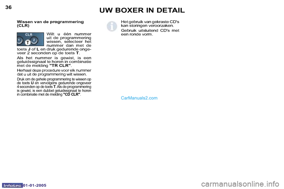Peugeot Boxer 2005  Handleiding (in Dutch) �3�6
�0�1�-�0�1�-�2�0�0�5
�3�7
�0�1�-�0�1�-�2�0�0�5
�W�i�s�s�e�n� �v�a�n� �d�e� �p�r�o�g�r�a�m�m�e�r�i�n�g�  
�(�C�L�R�)�H�e�t� �g�e�b�r�u�i�k� �v�a�n� �g�e�k�r�a�s�t�e� �C�D��s� 
�k�a�n� �s�t�o�r�i�