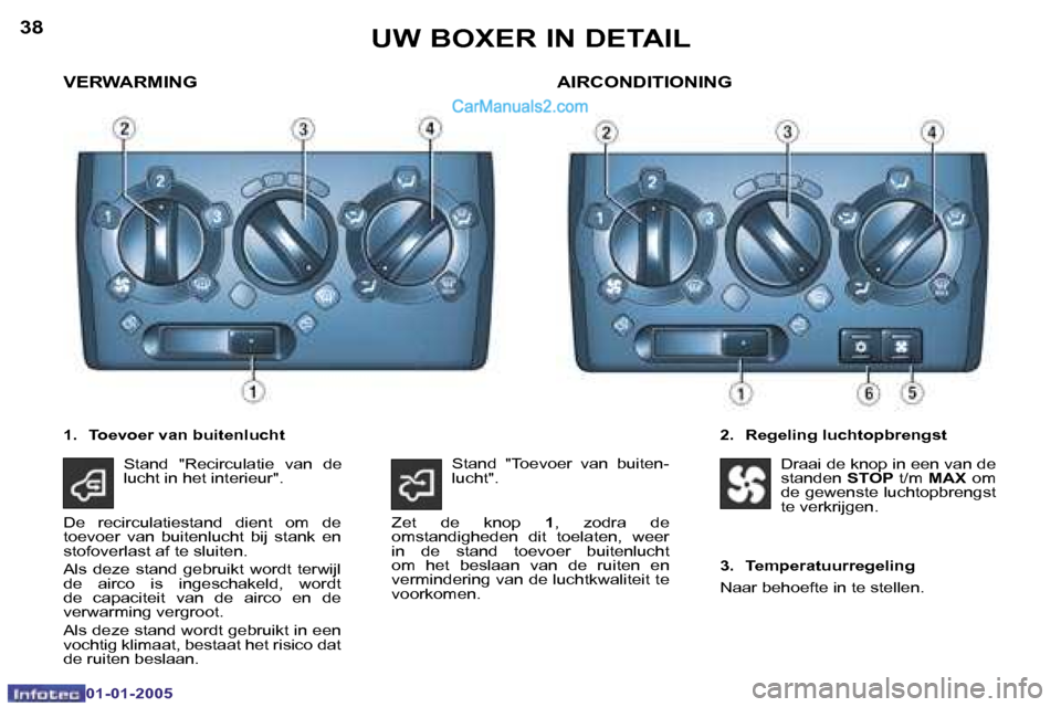 Peugeot Boxer 2005  Handleiding (in Dutch) �3�8
�0�1�-�0�1�-�2�0�0�5
�3�9
�0�1�-�0�1�-�2�0�0�5
�V�E�R�W�A�R�M�I�N�G
�2�.�  �R�e�g�e�l�i�n�g� �l�u�c�h�t�o�p�b�r�e�n�g�s�t
�A�I�R�C�O�N�D�I�T�I�O�N�I�N�G
�1�.�  �T�o�e�v�o�e�r� �v�a�n� �b�u�i�t�e�